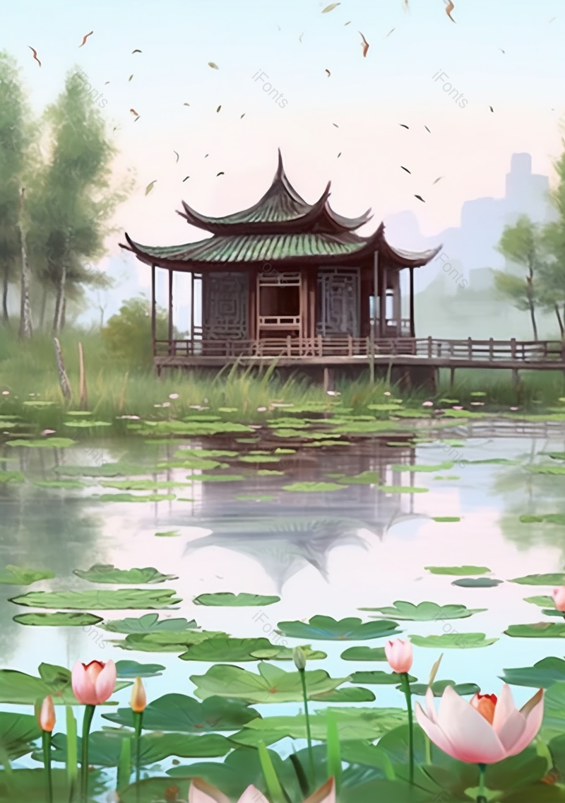 绿色中国风国潮插画池塘荷叶荷花和复古房屋,插画/手绘图,插画/手绘图库,插画/手绘图下载,插画/手绘